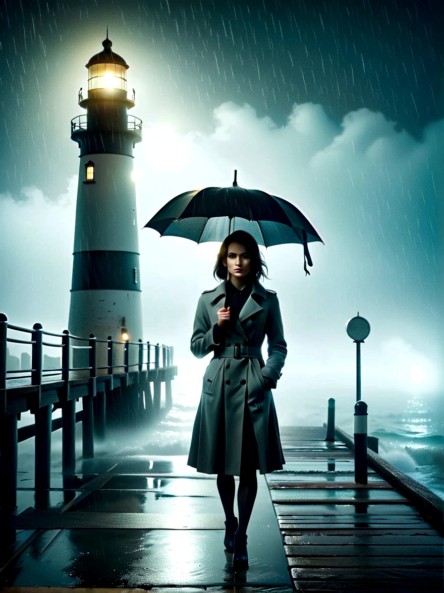 1girl, solo, rain, FOG, cold, Dull, , pier, bay, lighthouse, seaside, The dim light shines in the FOG,and the figure stands in the FOG holding an umbrella, (clair obscur, cinematic lighting, drop shadow, film grain, anatomically correct, accurate, award winning, highres, 8K)