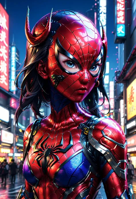 samurai spiderman, 1girl, extremely detailed eyes and face, beautiful detailed lips, longeyelashes, spider web, futuristic tokyo...