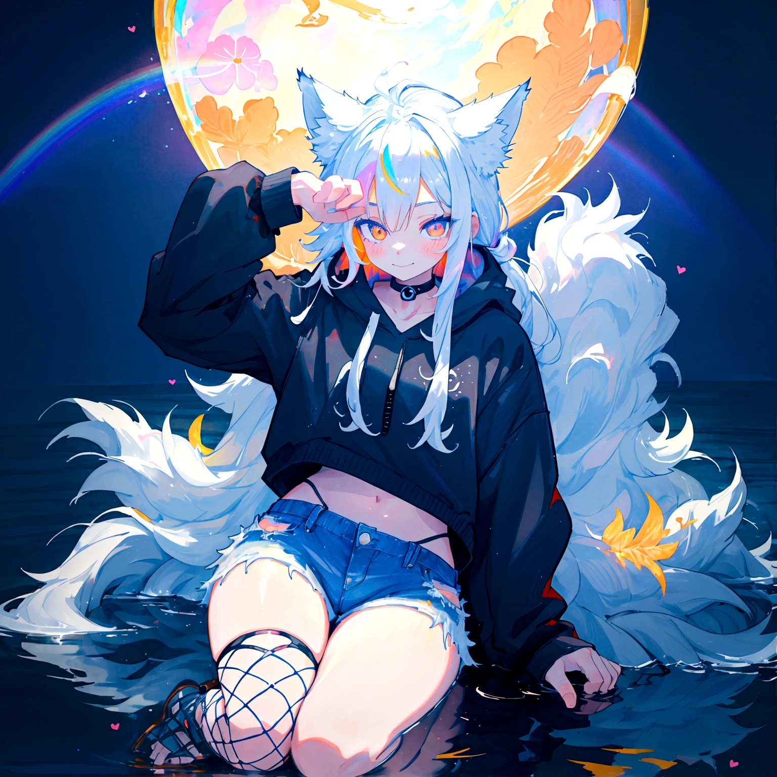 a cute adult male with wolf ears, long white hair, long locks, has a wolf tail, wearing a loose cropped black hoodie, wearing a pair of denim short shorts and fishnet stockings, thick thighs, wide hips, relaxing on mound of fluffy multi colored kawaii plushies, short, very slim, showing slender tummy, heart on hoodie, squishy thighs, has glowing blue eyes. alone, solo (ALONE)(SOLO), surrounded by rainbows, colorful galaxy backround, smiling, stretching out, water reflection