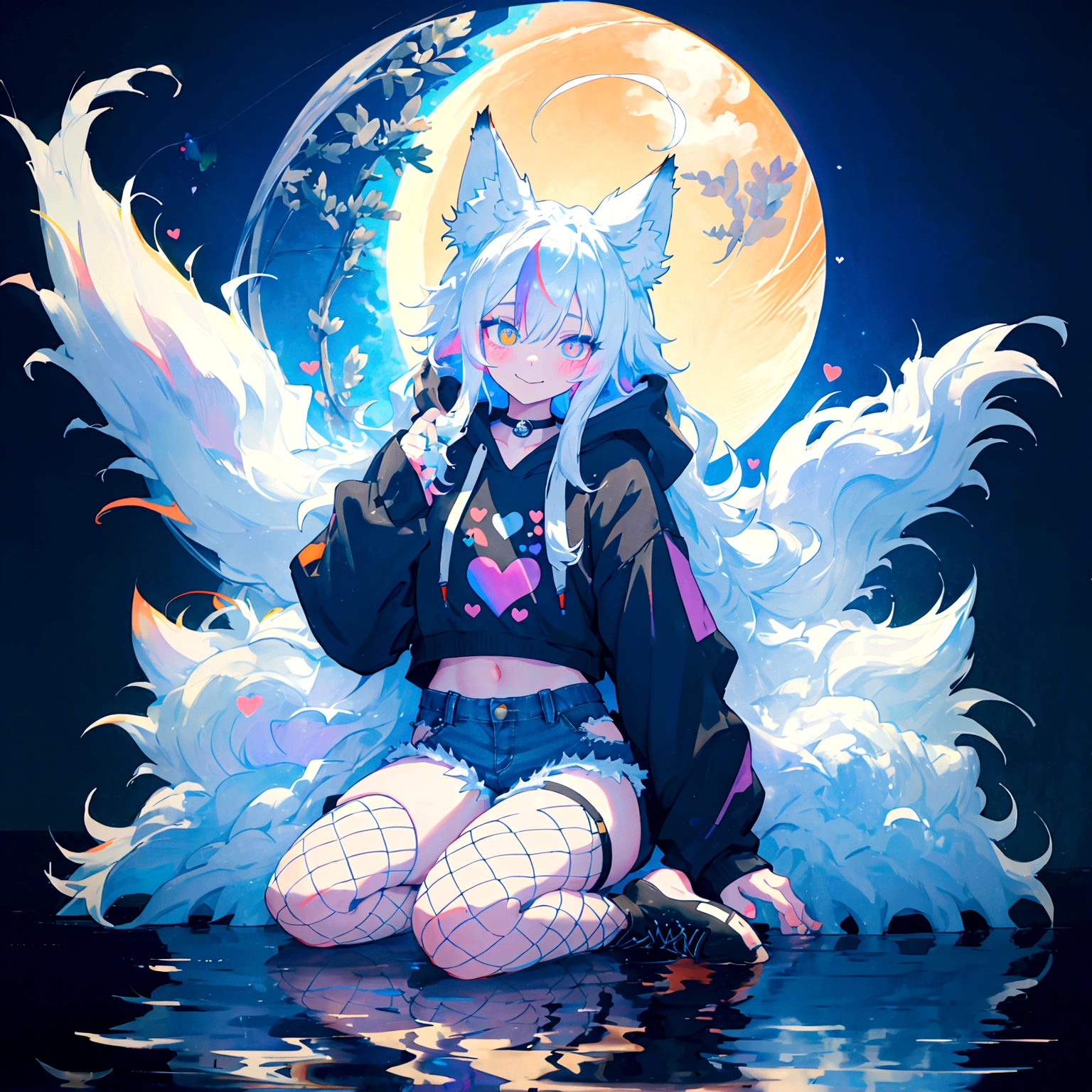 a cute adult male with wolf ears, long white hair, long locks, has a wolf tail, wearing a loose cropped black hoodie, wearing a pair of denim short shorts and fishnet stockings, thick thighs, wide hips, relaxing on mound of fluffy multi colored kawaii plushies, short, very slim, showing slender tummy, heart on hoodie, squishy thighs, has glowing blue eyes. alone, solo (ALONE)(SOLO), surrounded by rainbows, colorful galaxy backround, smiling, stretching out, water reflection