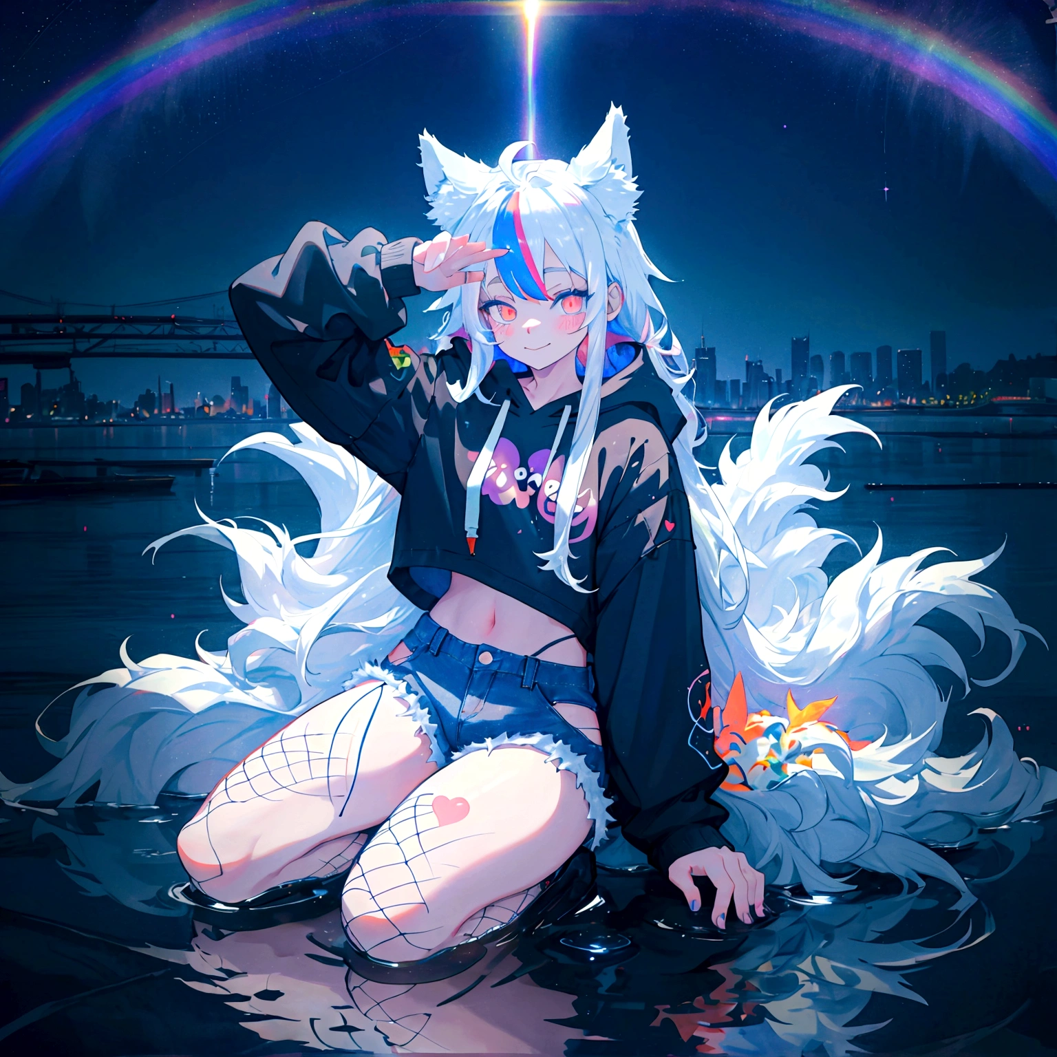 a cute adult male with wolf ears, long white hair, long locks, has a wolf tail, wearing a loose cropped black hoodie, wearing a pair of denim short shorts and fishnet stockings, thick thighs, wide hips, relaxing on mound of fluffy multi colored kawaii plushies, short, very slim, showing slender tummy, heart on hoodie, squishy thighs, has glowing blue eyes. alone, solo (ALONE)(SOLO), surrounded by rainbows, colorful galaxy backround, smiling, stretching out, water reflection