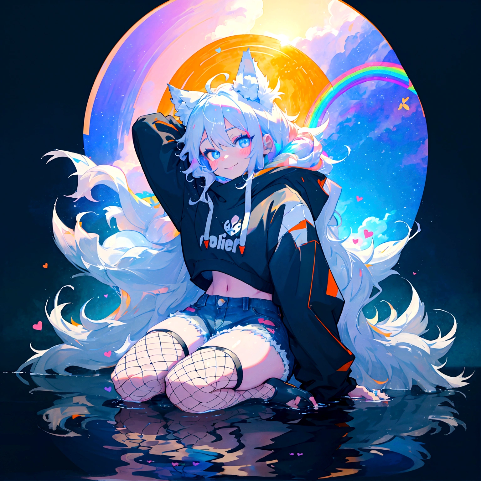 a cute adult male with wolf ears, long white hair, long locks, has a wolf tail, wearing a loose cropped black hoodie, wearing a pair of denim short shorts and fishnet stockings, thick thighs, wide hips, relaxing on mound of fluffy multi colored kawaii plushies, short, very slim, showing slender tummy, heart on hoodie, squishy thighs, has glowing blue eyes. alone, solo (ALONE)(SOLO), surrounded by rainbows, colorful galaxy backround, smiling, stretching out, water reflection