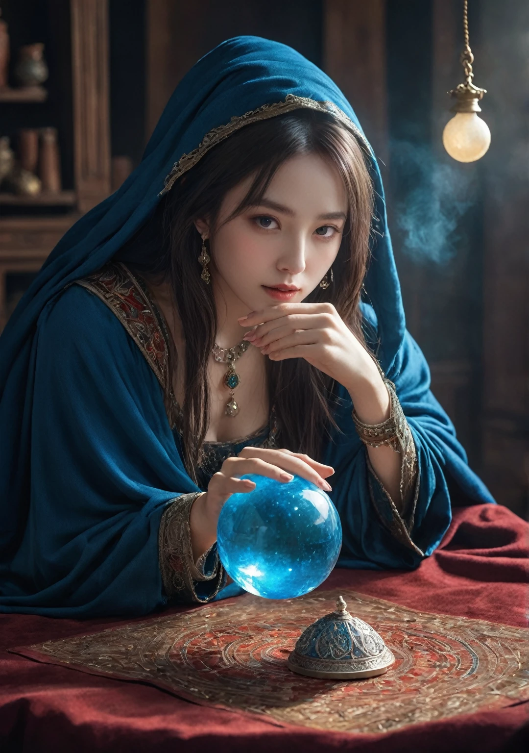 Female fortune teller. Body and face orientation: frontal. Charming, beautiful and mysterious. She wears a blue cloak and has a clear face. Bright and glittering, full of anxiety and anticipation. The fortune teller is standing. He holds a slightly large crystal ball in both hands. The lighting in the room is bright, creating a fantastic atmosphere. Top picture quality, 4K or 8K resolution. The level of detail is very fine and photorealistic. Artistic style should reflect the aesthetic of the formula with bright colors and strong contrasts. The color palette should emphasize the mysterious and mystical theme of the piece. The fortune teller's cloak is decorated with metal trim and intricate designs, with a thickness ratio of 1.5 The overall mood is stellar and magical; the cloak is a symbol of the mysterious and mystical. The expression of the fortune teller's face should evoke mystical interest.