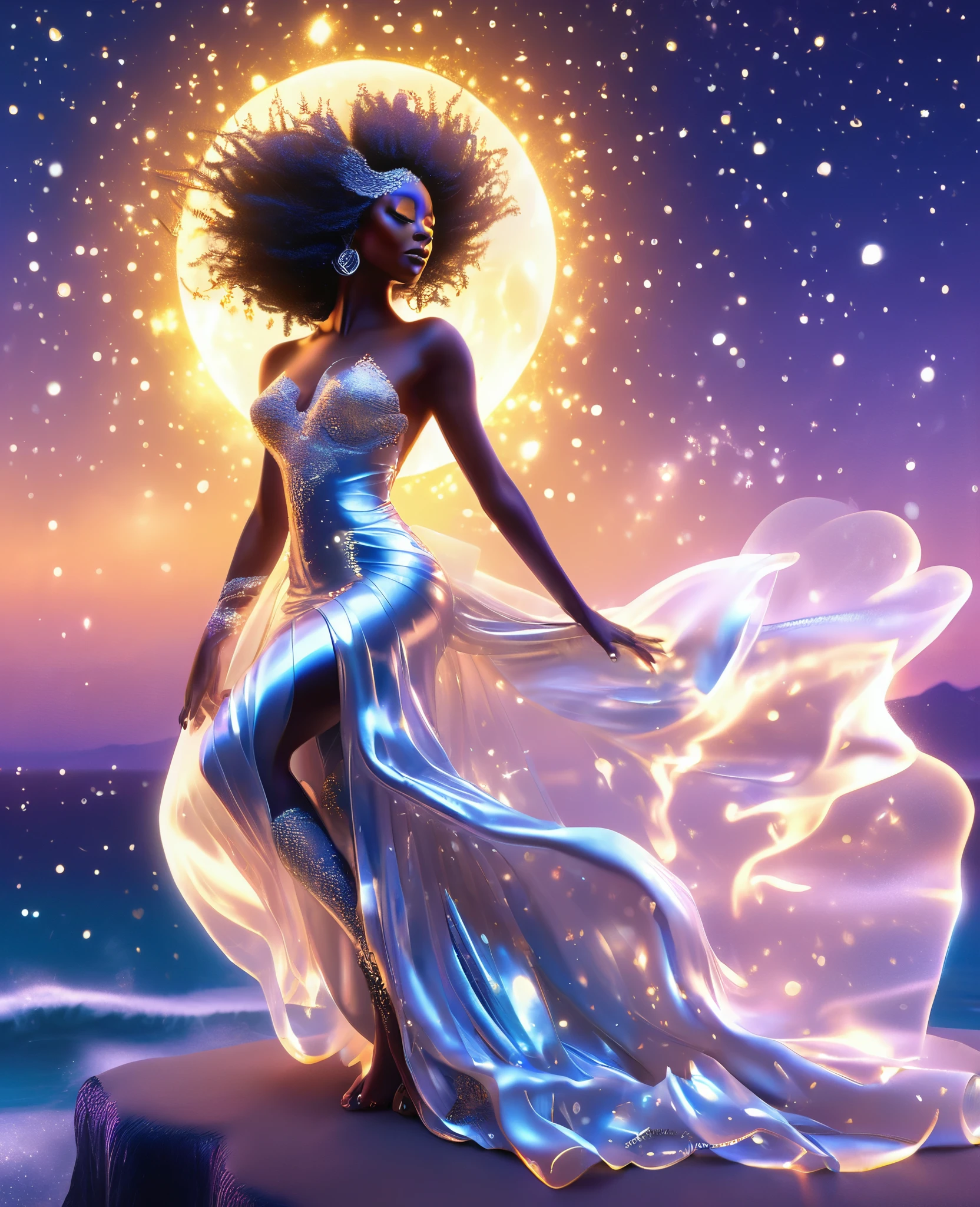 A luminous black woman formed entirely of radiant, twinkling stars, suspended in the celestial expanse, draped in a flowing, ethereal gown that undulates with a life of its own. Her transparent, starry body glimmers with an otherworldly light, as if she is a living, breathing galaxy. The night sky surrounding her is set aglow with vibrant, dancing aurora borealis, which reflects perfectly on the calm, moonlit ocean below. Create a stunning, 32k, ultra HD, hyper-realistic image that captures the magic of this enchanting scene, with every star and sparkle shining bright.