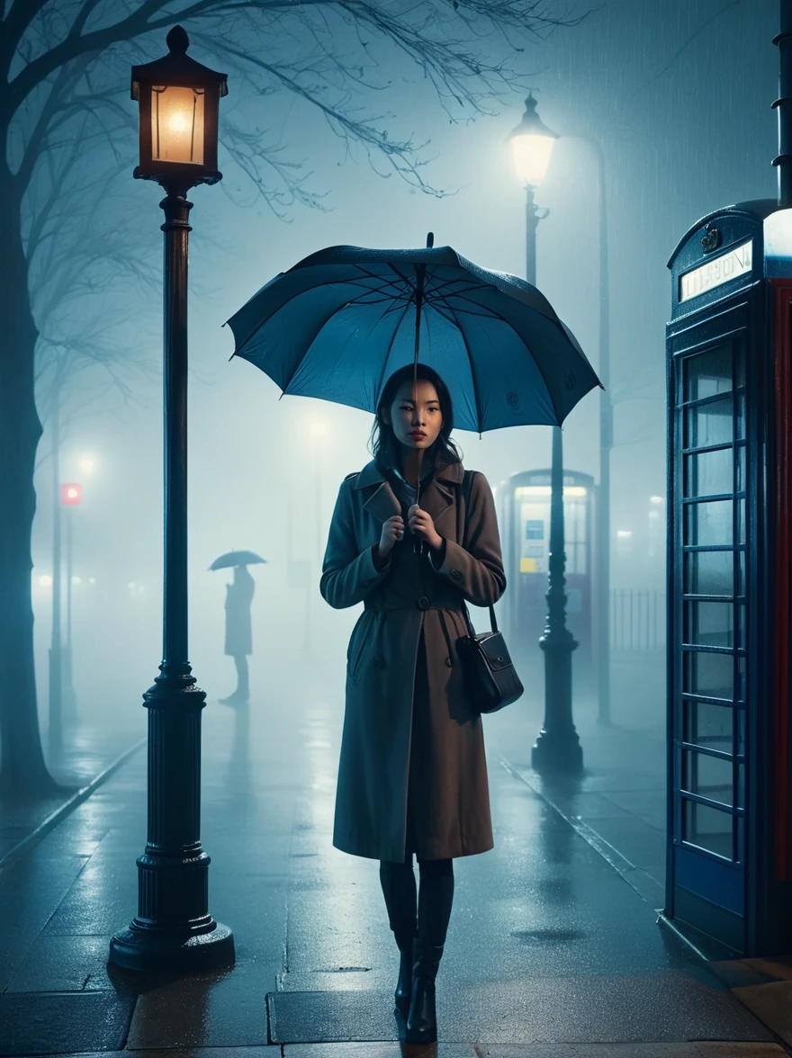 1girl, solo, rain, FOG, cold, Dull, , phone  booth, bus stop, night, Street Lights, The dim light shines in the FOG,and the figure stands in the FOG holding an umbrella, (clair obscur, cinematic lighting, drop shadow, film grain, anatomically correct, accurate, award winning, highres, 8K)