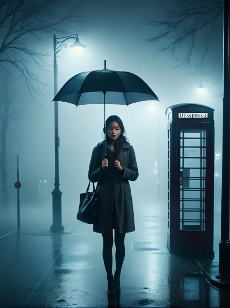1girl, 独奏, rain, fog, cold, Dull, , phone  booth, bus stop, night, Street Lights, The dim light shines in the fog,and the figure...