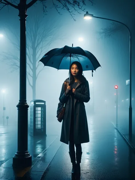 1girl, 独奏, rain, fog, cold, Dull, , phone  booth, bus stop, night, Street Lights, The dim light shines in the fog,and the figure...