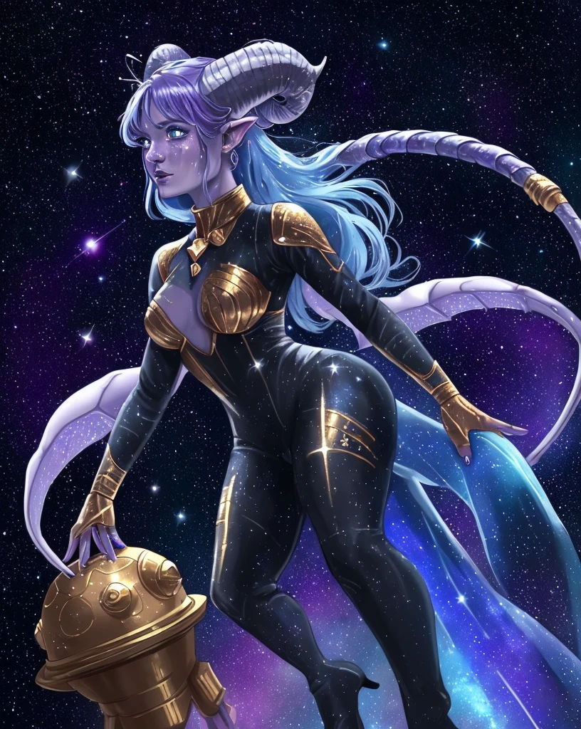 A space dragon sitting at the edge of the universe looking lonely, her tears are made of star constellations, she is surrounded by water and the universe melding together, surrounded in darkness as reality breaks and shatters like glass. The woman has draconic features, gold horns and a golden dragon tail with blue and purple hair, her eyes made of the galaxy,A space dragon sitting at the edge of the universe, lonely, sad, void, stars, the stars mixed in the sea, a sea of stars, ethereal woman, Blue and purple hair , space buns, space outfit, white black and gold outfit, golden dragon horns and tail, space outfit, space suit, mass effect suit, perfectly drawn face, black dress, stars detailed background, prismatic lighting, glitter, whole body, walking on the stars with crystal shoes A beautiful dragon humanoid woman with space hair of variant shades of blue and purple with space buns in hair , Golden scanes on the face and shoulders, Anime, 4k, Beautiful woman with a golden dragon tail and horns, Space hair, Floating in space, Vintage space Attire, floating through space, dancing, havign fun, Space Witch, Witch, Older woman, Toned physique, long hair with side bangs, humanoid face with scales, human with dragon horns and tail, witch outfit, body suit, thigh boots, wearing black, white and gold, blue hair, purple hair, Woman in space with water rippling reflecting the night sky, space and water mixed today, dancing in space, floating, ethereal dragon at the edge of the universe, end of the universe