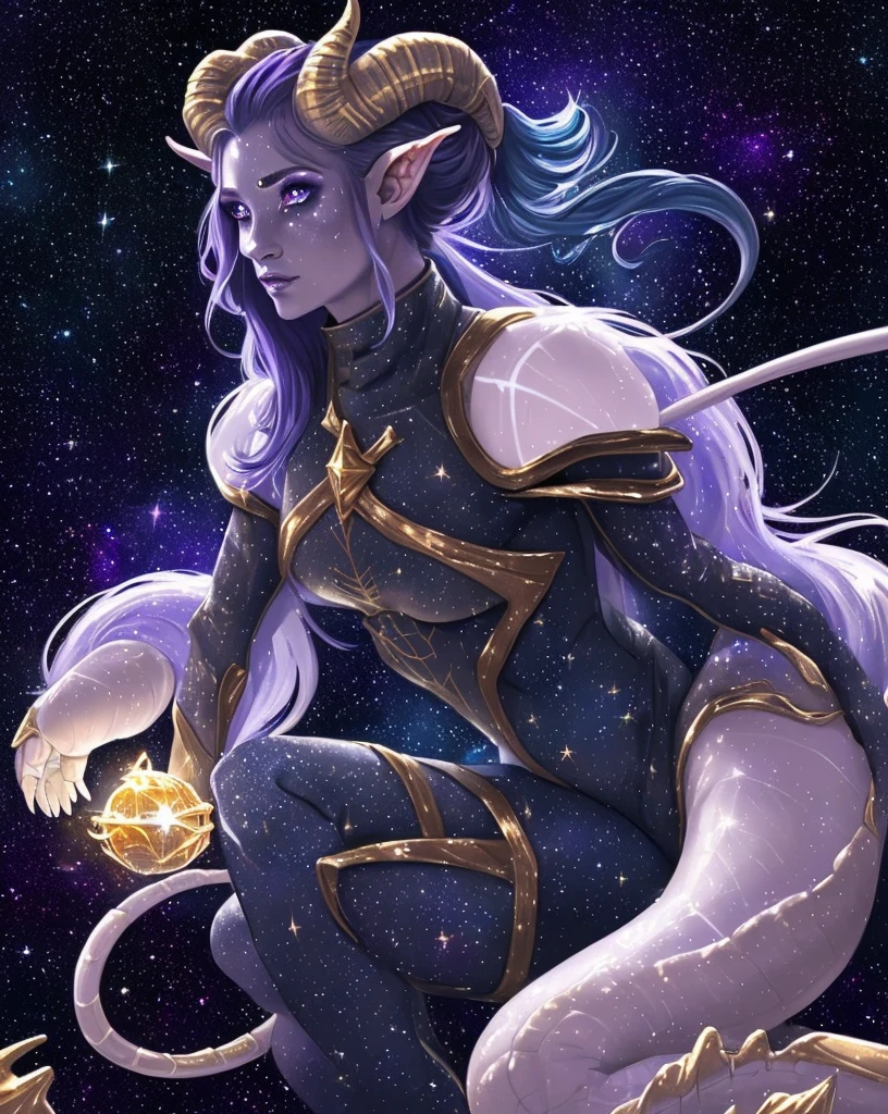 A space dragon sitting at the edge of the universe looking lonely, her tears are made of star constellations, she is surrounded by water and the universe melding together, surrounded in darkness as reality breaks and shatters like glass. The woman has draconic features, gold horns and a golden dragon tail with blue and purple hair, her eyes made of the galaxy,A space dragon sitting at the edge of the universe, , sad, void, stars, the stars mixed in the sea, a sea of stars, ethereal woman, Blue and purple hair , space buns, space outfit, white black and gold outfit, golden dragon horns and tail, space outfit, space suit, mass effect suit, perfectly drawn face, black dress, stars detailed background, prismatic lighting, glitter, whole body, walking on the stars with crystal shoes A beautiful dragon humanoid woman with space hair of variant shades of blue and purple with space buns in hair , Golden scanes on the face and shoulders, Anime, 4k, Beautiful woman with a golden dragon tail and horns, Space hair, Floating in space, Vintage space Attire, floating through space, dancing, havign fun, Space Witch, Witch, Older woman, Toned physique, long hair with side bangs, humanoid face with scales, human with dragon horns and tail, witch outfit, body suit, thigh boots, wearing black, white and gold, blue hair, purple hair, Woman in space with water rippling reflecting the night sky, space and water mixed today, dancing in space, floating, ethereal dragon at the edge of the universe, end of the universe