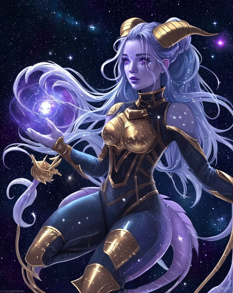 A space dragon sitting at the edge of the universe looking lonely, her tears are made of star constellations, she is surrounded by water and the universe melding together, surrounded in darkness as reality breaks and shatters like glass. The woman has draconic features, gold horns and a golden dragon tail with blue and purple hair, her eyes made of the galaxy,A space dragon sitting at the edge of the universe, , sad, void, stars, the stars mixed in the sea, a sea of stars, ethereal woman, Blue and purple hair , space buns, space outfit, white black and gold outfit, golden dragon horns and tail, space outfit, space suit, mass effect suit, perfectly drawn face, black dress, stars detailed background, prismatic lighting, glitter, whole body, walking on the stars with crystal shoes A beautiful dragon humanoid woman with space hair of variant shades of blue and purple with space buns in hair , Golden scanes on the face and shoulders, Anime, 4k, Beautiful woman with a golden dragon tail and horns, Space hair, Floating in space, Vintage space Attire, floating through space, dancing, havign fun, Space Witch, Witch, Older woman, Toned physique, long hair with side bangs, humanoid face with scales, human with dragon horns and tail, witch outfit, body suit, thigh boots, wearing black, white and gold, blue hair, purple hair, Woman in space with water rippling reflecting the night sky, space and water mixed today, dancing in space, floating, ethereal dragon at the edge of the universe, end of the universe