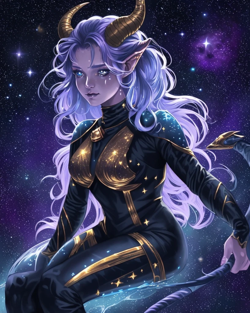 A space dragon sitting at the edge of the universe looking lonely, her tears are made of star constellations, she is surrounded by water and the universe melding together, surrounded in darkness as reality breaks and shatters like glass. The woman has draconic features, gold horns and a golden dragon tail with blue and purple hair, her eyes made of the galaxy,A space dragon sitting at the edge of the universe, lonely, sad, void, stars, the stars mixed in the sea, a sea of stars, ethereal woman, Blue and purple hair , space buns, space outfit, white black and gold outfit, golden dragon horns and tail, space outfit, space suit, mass effect suit, perfectly drawn face, black dress, stars detailed background, prismatic lighting, glitter, whole body, walking on the stars with crystal shoes A beautiful dragon humanoid woman with space hair of variant shades of blue and purple with space buns in hair , Golden scanes on the face and shoulders, Anime, 4k, Beautiful woman with a golden dragon tail and horns, Space hair, Floating in space, Vintage space Attire, floating through space, dancing, havign fun, Space Witch, Witch, Older woman, Toned physique, long hair with side bangs, humanoid face with scales, human with dragon horns and tail, witch outfit, body suit, thigh boots, wearing black, white and gold, blue hair, purple hair, Woman in space with water rippling reflecting the night sky, space and water mixed today, dancing in space, floating, ethereal dragon at the edge of the universe, end of the universe