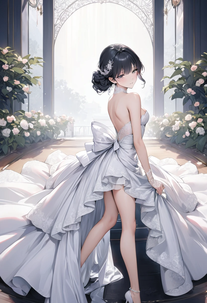 ((Top quality, masterpiece, freak, super resolution)), 1 girl, Japanese model,16 years old,Smooth black hair,Short bomb hair,((Long transparent lace gloves)),An elegant high-low wedding gown with a strapless sweetheart neckline, featuring a fitted bodice embellished with detailed lace appliqués and subtle beadwork. The bodice is adorned with floral patterns, providing a delicate and romantic look. The skirt is crafted from layers of tulle in a high-low design, which adds volume and movement to the dress. The front of the skirt is designed to show off the bride's legs, while the back extends into a beautiful train. A ribbon sash at the waist highlights the bride's silhouette, making this dress ideal for a bride who desires a mix of traditional elegance and modern flair.
