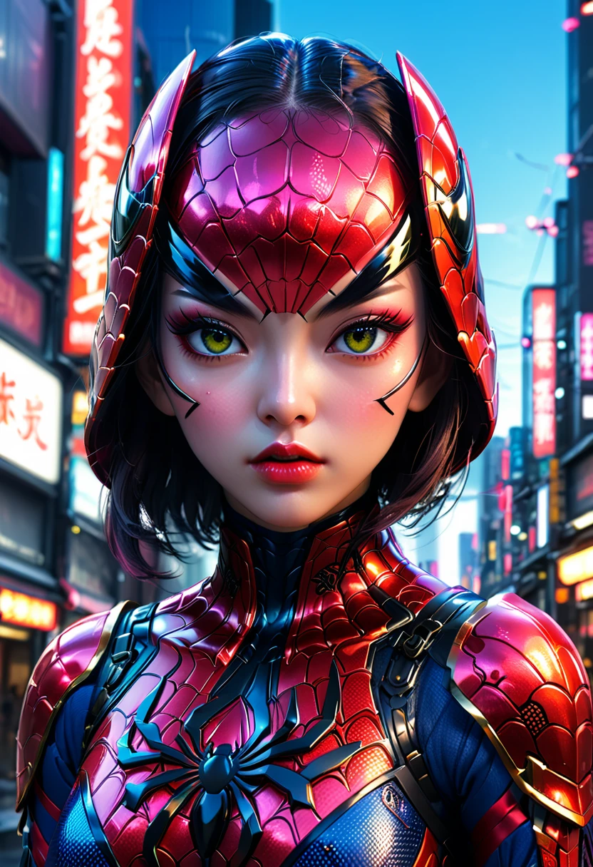 samurai spider-man, 1girl, extremely detailed eyes and face, beautiful detailed lips, long eyelashes, spider web, futuristic tokyo city, samurai armor, sci-fi style, neon colors, cyborg, katana, japanese, (best quality,4k,8k,highres,masterpiece:1.2),ultra-detailed,(realistic,photorealistic,photo-realistic:1.37),cinematic lighting,dramatic atmosphere