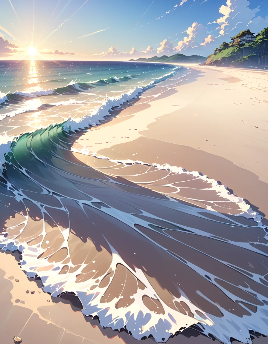 Highest quality、detailed、More information、beautifully、Anime Scenery、summer、Ocean、Ocean岸、Sandy Beach、beautifulOcean、tide、No people、Sun reflection、Zaza Wave、Emotional、Attractive landscape painting、bright、shadow、beautiful、