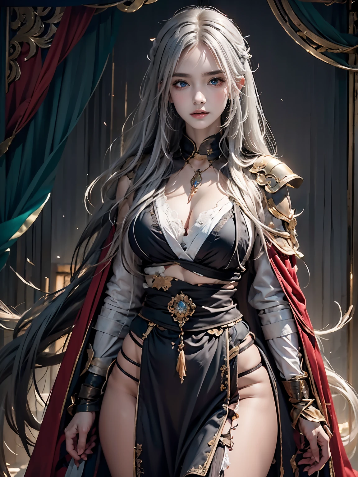 Reality, high resolution, Soft lighting, 1 Woman, Solitary, Hips up, blue eyes, Wearing tattered armor from a defeat，Tattered red cloak，Expose肉体，Expose大腿，Expose，Stain，Blood，Messy hair，