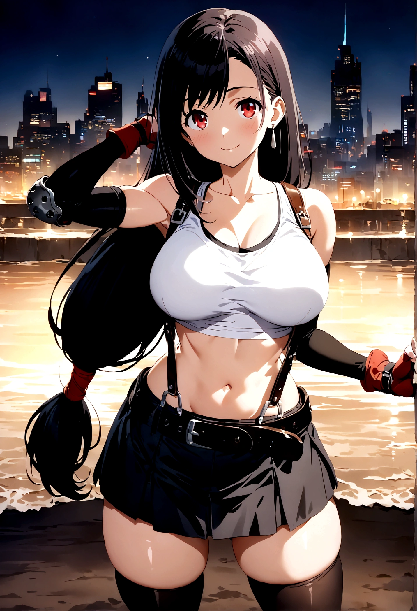 score_9, score_8_up, score_7_up,4k, ,BREAK , from front,from front,breast angle view,breast focus:1.5,standing,straight-on,(arm up,fist),(pantiesshot),(medium shot),looking_at_viewer ,1girl, tifa lockhart, final fantasy, tareme,black hair, low-tied long hair, red eyes, bangs, white tank top, belt, pleated skirt, thighhighs, elbow fingerless gloves, elbow pads, midriff, navel,suspender skirt ,large_breasts,(light smile),Curvy waist ,Solo,,(midnight and beachside and city),Toned,,detailed skin,(best quality),(aesthetic,very aesthetic),masterpiece, highres,4k,(ultra-detailed:1.4) (illustration:0.4), (ray tracing,:0.7),(anime colored:0.7),(ai-generated:0.5), (anime screencap:0.8),megami magazine