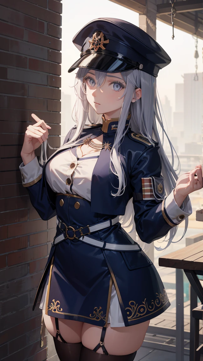 vladilenamilize, vladilena milize, (grey eyes:1.5), 1woman, mature woman, grey hair, hair between eyes, long hair, ahoge,
BREAK blue headwear, blue jacket, blue skirt, hat, jacket, military, military hat, military uniform, peaked cap, shirt, skirt,  thighhighs, uniform, white shirt,  white thighhighs,
BREAK looking at viewer,
BREAK indoors, military place,
BREAK (masterpiece:1.2), best quality, high resolution, unity 8k wallpaper, (illustration:0.8), (beautiful detailed eyes:1.6), extremely detailed face, perfect lighting, extremely detailed CG, (perfect hands, perfect anatomy),