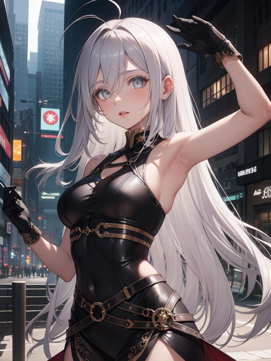 vladilenamilize, vladilena milize, (grey eyes:1.5), 1woman, mature woman, grey hair, hair between eyes, long hair, ahoge,
BREAK ((Official Outfit:1.5)), 
BREAK Cyberpunk_CityView, Before Window, standing at attention,armpits,arm up, 
BREAK (masterpiece:1.2), best quality, high resolution, unity 8k wallpaper, (illustration:0.8), (beautiful detailed eyes:1.6), extremely detailed face, perfect lighting, extremely detailed CG, (perfect hands, perfect anatomy),