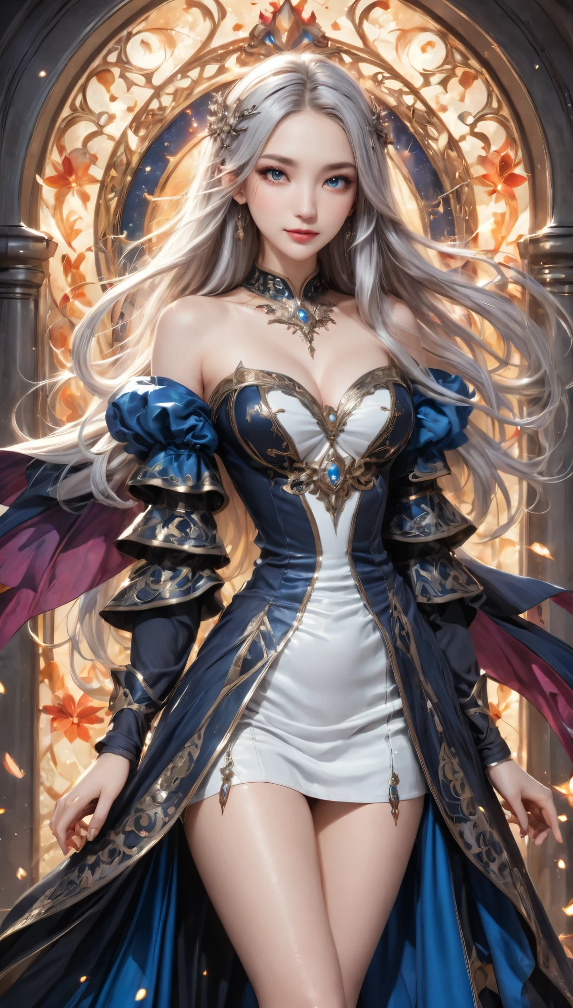 8K resolution, masterpiece, Highest quality, Award-winning works, unrealistic, From above, erotic, sole sexy lady, healthy shaped body, 22 years old, black mage, 165cm tall, huge firm bouncing busts,, white silver long wavy hair, Detailed facial depictions, BREAK, Mysterious blue eyes, Standard nose, Eyeliner, pink lips, sexy long legs, Clear skin, holy knight, Gothic ruffle long dress, A dress with a complex structure, Seven-colored colorful dress, Clothed in flames, royal coat of arms, elegant, Very detailed, Delicate depiction of hair, miniature painting, Digital Painting, artstation concept art, Smooth, Sharp focus, shape, Art Jam、Greg Rutkowski、Alphonse Mucha's、William Adolphe Bouguereau、art：Stephanie Law , Royal Jewel, nature, Symmetric, Greg Rutkowski, Charlie Bowwater, Unreal, surreal, Dynamic Lighting, Fantasy art, Complex colors, Colorful magic circle, flash, dynamic sexy poses, A kind smile, Mysterious Background, Aura, A gentle gaze, BREAK, Small faint lights and flying fireflies, night, lanthanum, From above, looking down on the world below, Starry Sky, milky way, nebula, shooting star