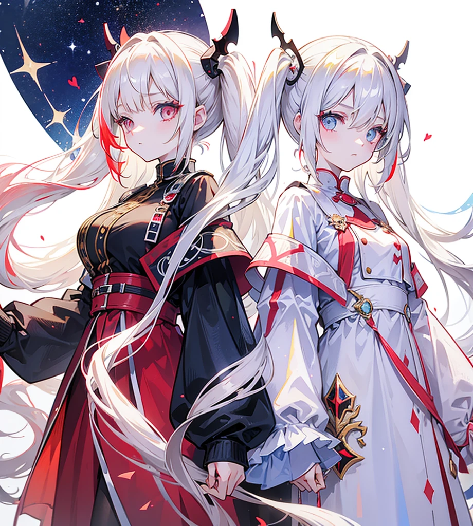 Two girls, one with beige hair and very red eyes, the other with white hair and blue eyes, twin tails, long hair, white background, colorful jewels, light, high quality, back to back