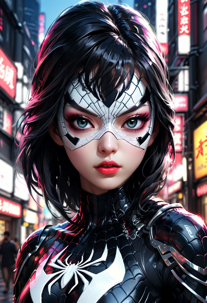 black and white samurai Spider man, 1girl, extremely detailed eyes and face, beautiful detailed lips, long eyelashes, spider web, futuristic Tokyo city, samurai sci-fi armor, sci-fi style, neon colors, cyborg, katana, Japanese, (best quality,4k,8k,highres,masterpiece:1.2), ultra-detailed, (realistic, photorealistic, photo-realistic:1.37), cinematic lighting, dramatic atmosphere