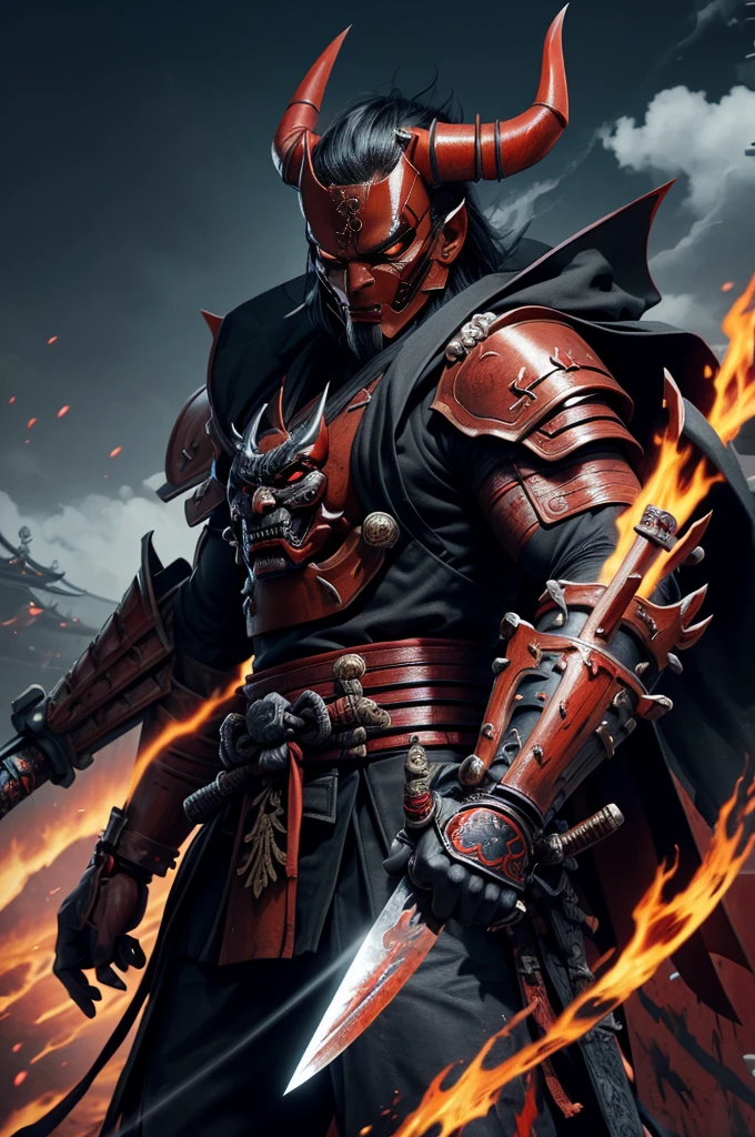 (demon samurai)、(Wearing a demon mask)solo man, glowing red eyes、Like the whole body、(cyborg Armed with a long sharp knife)、Stand facing the front,magnificent artwork、((Kyoto Panel Painting Style))、Wind-effect:1.9、Cloud Effects:1.2、Full Rendering、Encaustic Painting,unrealengine,