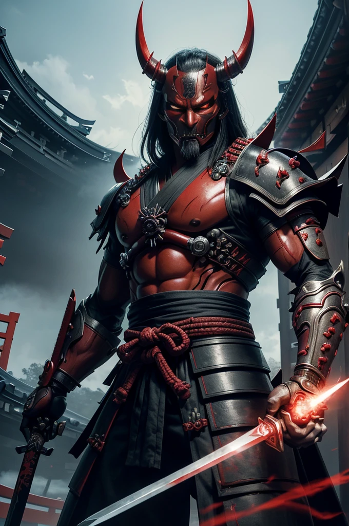 (demon samurai)、(Wearing a demon mask)solo man, glowing red eyes、Like the whole body、(cyborg Armed with a long sharp knife)、Stand facing the front,magnificent artwork、((Kyoto Panel Painting Style))、Wind-effect:1.9、Cloud Effects:1.2、Full Rendering、Encaustic Painting,unrealengine,