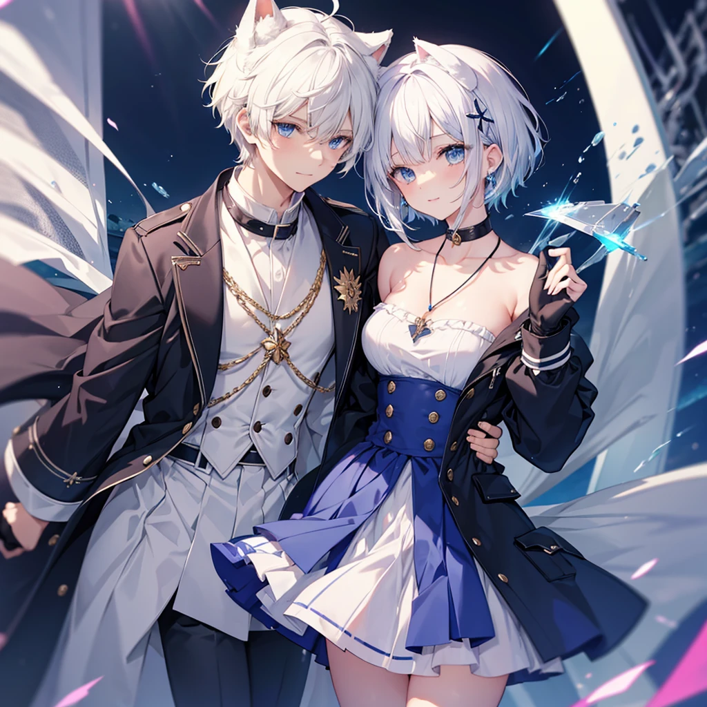 White Hair　blue eyes　short hair　Have　student　Cat ear　nice　Blue Earrings　necklace　gloves　beauty　thin　Sailor suit　Put on a black coat　Fantasy　smile　coastal　sunset　Fluffy hair