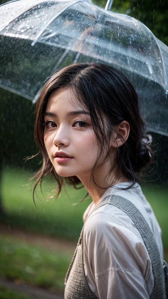 1girl walking in the rain with an umbrella, beautiful detailed eyes, beautiful detailed lips, extremely detailed face, long eyelashes, playful mood, rainy day, puddles, frogs, snails, lush green nature, (best quality,4k,8k,highres,masterpiece:1.2),ultra-detailed,(realistic,photorealistic,photo-realistic:1.37),vivid colors,cinematic lighting,atmospheric,beautiful landscape,whimsical,storybook style