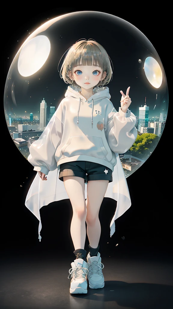 Sleeveless、posing in a dynamic pose、No sleeves、delicate、detailed、high quality、high resolution、４K、high quality、Short Mash Hair、Short Hair、Blonde Hair Color、Turquoise Eyes、White hoodie、Black hot pants、Black sneakers、 high quality、超detailedな、(1 girl in:1.3)、internal、girl，Chairman Type，small, Inflated， See-through, Complex architecture、Lush garden、Designing Peace and Spirituality。Designed with a fisheye effect image that captures a wide field of view with a unique curved viewing angle。Panoramic cityscape、Dramatic Skyline、breather、A sophisticated space with a rooftop view