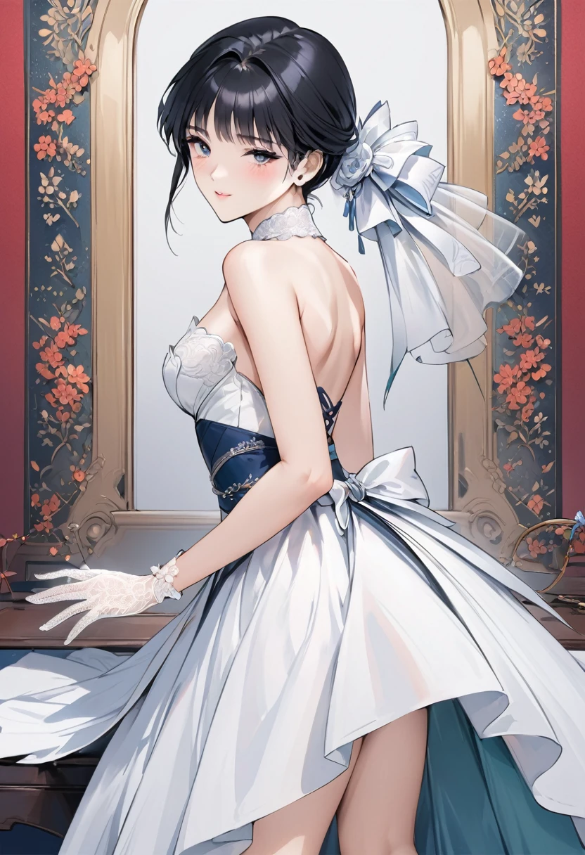 ((Top quality, masterpiece, freak, super resolution)), 1 girl, Japanese model,16 years old,Smooth black hair,Short bomb hair,((Long transparent lace gloves)),An elegant high-low wedding gown with a strapless sweetheart neckline, featuring a fitted bodice embellished with detailed lace appliqués and subtle beadwork. The bodice is adorned with floral patterns, providing a delicate and romantic look. The skirt is crafted from layers of tulle in a high-low design, which adds volume and movement to the dress. The front of the skirt is designed to show off the bride's legs, while the back extends into a beautiful train. A ribbon sash at the waist highlights the bride's silhouette, making this dress ideal for a bride who desires a mix of traditional elegance and modern flair.
