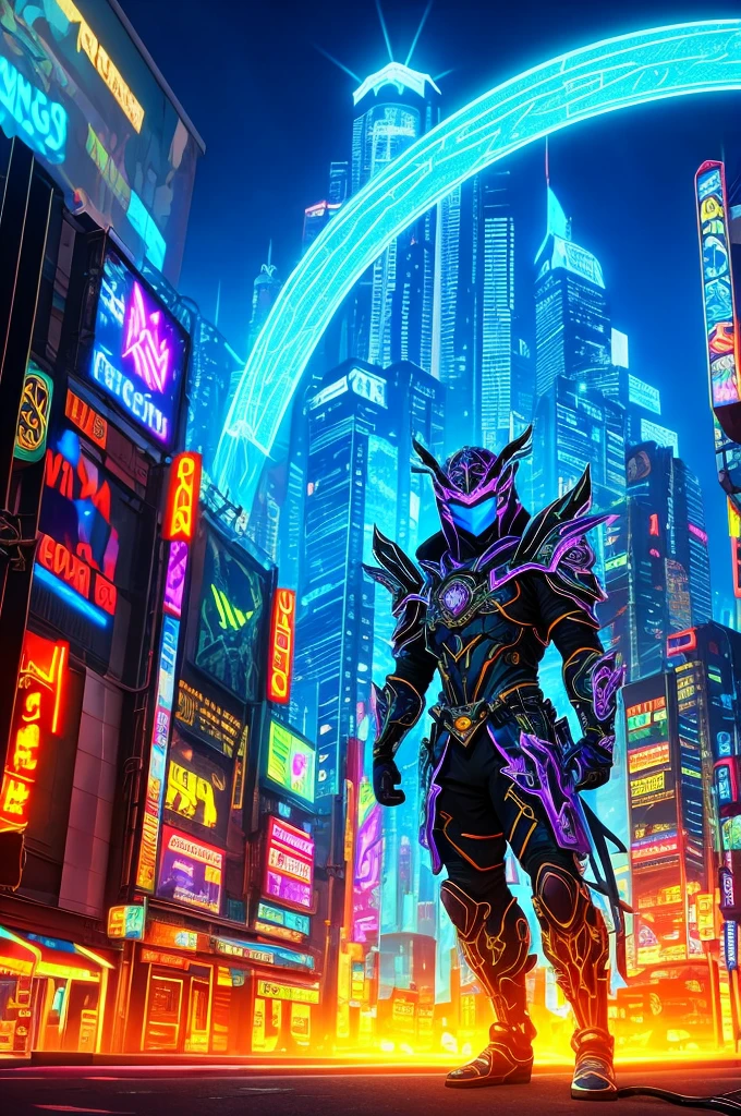 A mythical urso ninja stands poised in a neon-lit, dystopian metropolis, rendered in stunning 4K resolution, blending ancient legend with futuristic cyberpunk flair. The ninja's ornate, high-tech armor glows with a mesmerizing iridescent sheen, as intricate circuitry and glowing accents dance across the metallic surface. The dragon's scales shimmer in hues of indigo, violet, and electric blue, while neon accents pulse in fiery oranges and greens, casting an otherworldly glow across the surrounding urban landscape, exuding a sense of cutting-edge, cinematic grandeur.