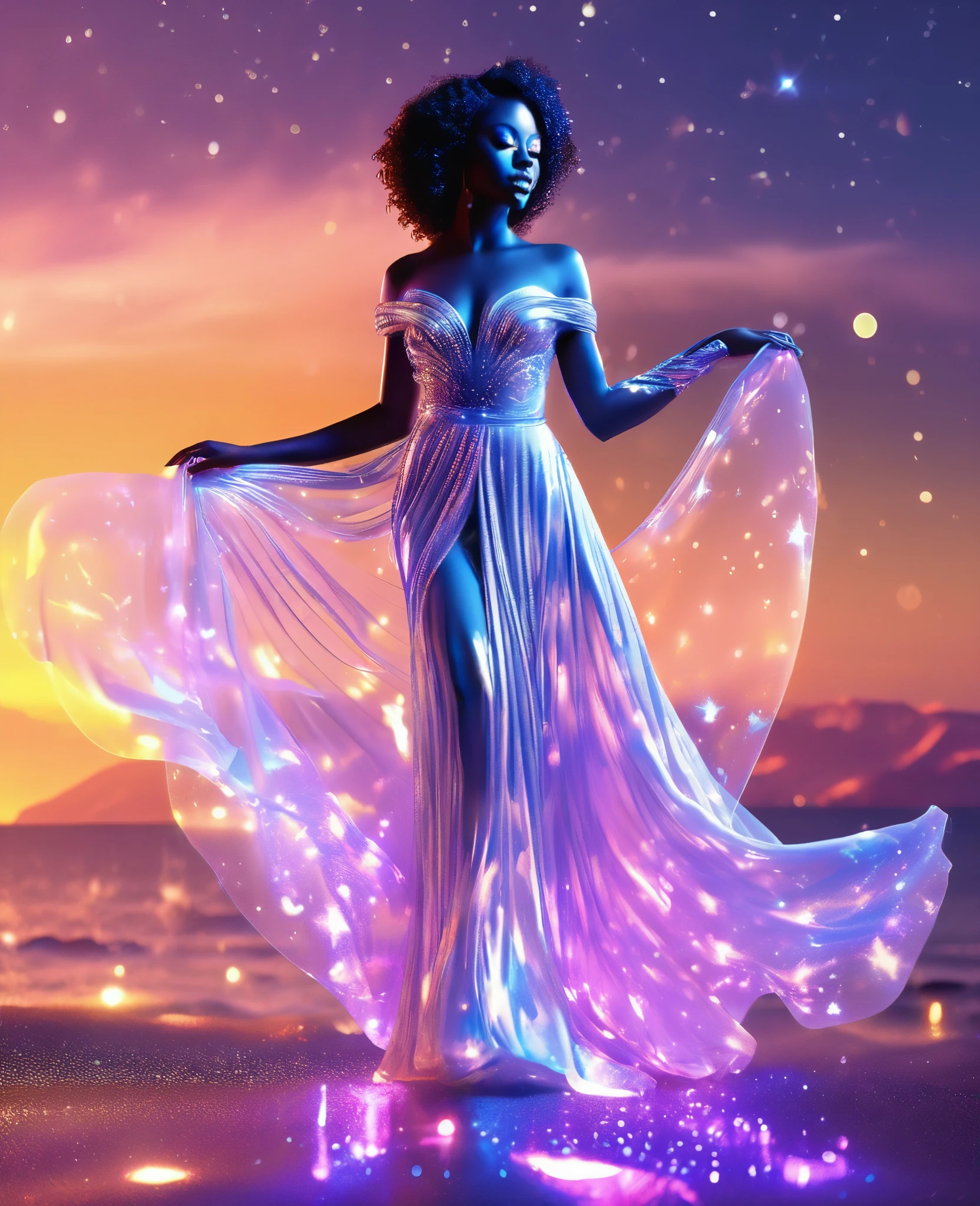 A luminous black woman formed entirely of radiant, twinkling stars, suspended in the celestial expanse, draped in a flowing, ethereal gown that undulates with a life of its own. Her transparent, starry body glimmers with an otherworldly light, as if she is a living, breathing galaxy. The night sky surrounding her is set aglow with vibrant, dancing aurora borealis, which reflects perfectly on the calm, moonlit ocean below. Create a stunning, 32k, ultra HD, hyper-realistic image that captures the magic of this enchanting scene, with every star and sparkle shining bright.