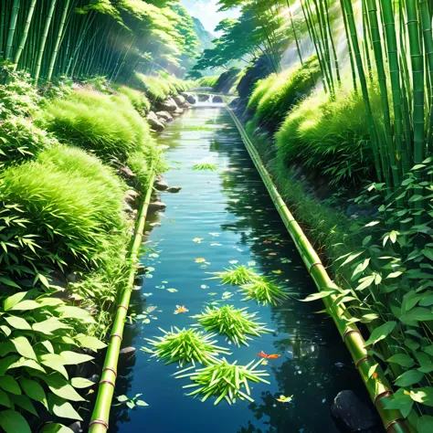 which is a summer tradition of Japan, Nagashi somen, Bamboo Gutter, Somen, Clear Stream, Lush valleys, Sunlight filtering throug...