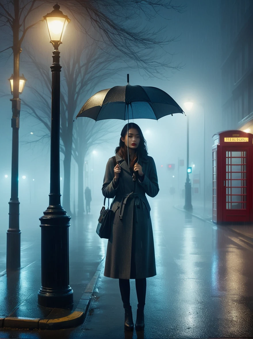 1girl, solo, rain, fog, cold, Dull, , phone  booth, bus stop, night, Street Lights, The dim light shines in the fog,and the figure stands in the fog holding an umbrella, (clair obscur, cinematic lighting, drop shadow, film grain, anatomically correct, accurate, award winning, highres, 8k)