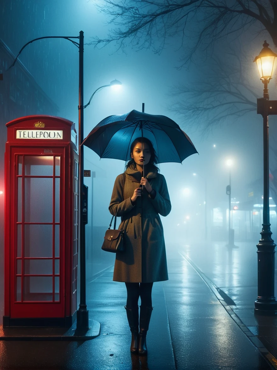 1girl, solo, rain, fog, cold, Dull, , phone  booth, bus stop, night, Street Lights, The dim light shines in the fog,and the figure stands in the fog holding an umbrella, (clair obscur, cinematic lighting, drop shadow, film grain, anatomically correct, accurate, award winning, highres, 8k)