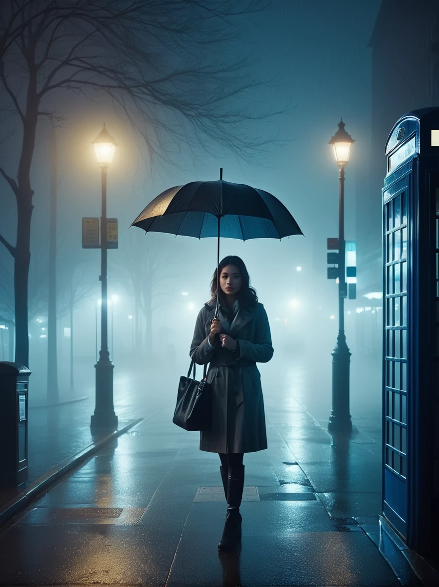 1girl, solo, rain, fog, cold, Dull, , phone  booth, bus stop, night, Street Lights, The dim light shines in the fog,and the figure stands in the fog holding an umbrella, (clair obscur, cinematic lighting, drop shadow, film grain, anatomically correct, accurate, award winning, highres, 8k)