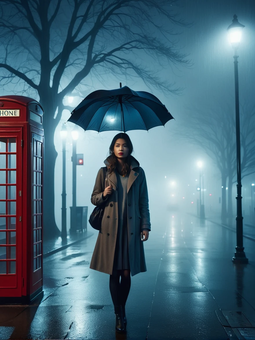 1girl, solo, rain, fog, cold, Dull, , phone  booth, bus stop, night, Street Lights, The dim light shines in the fog,and the figure stands in the fog holding an umbrella, (clair obscur, cinematic lighting, drop shadow, film grain, anatomically correct, accurate, award winning, highres, 8k)