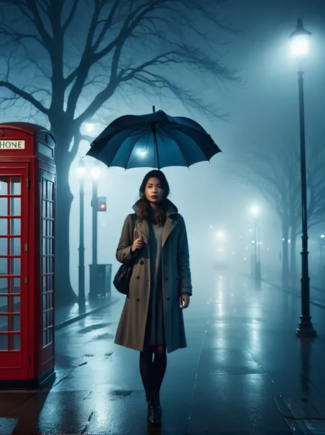 1girl, 独奏, rain, fog, cold, dull, , phone  booth, bus stop, night, street lights, the dim light shines in the fog,and the figure...