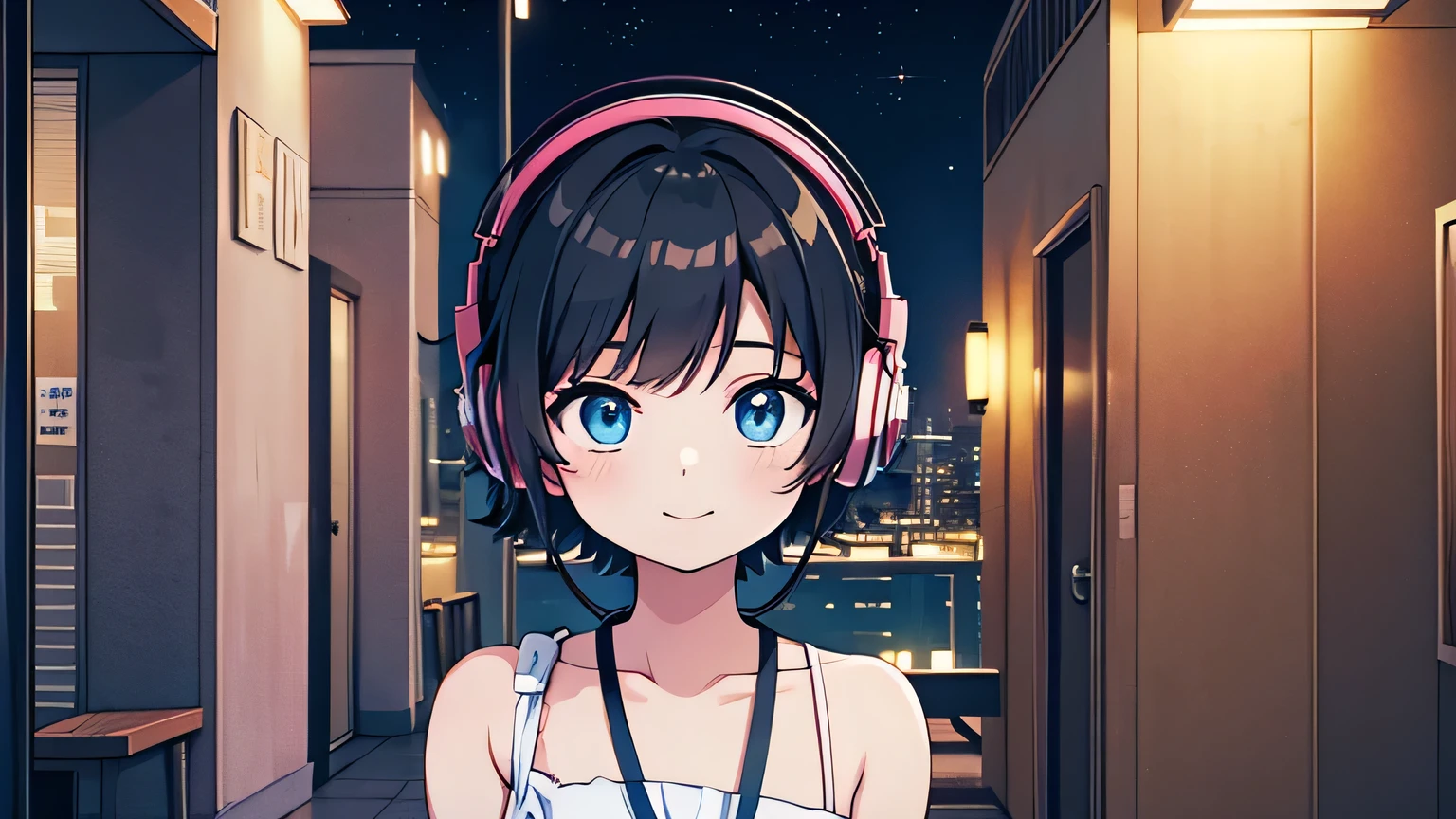 1girl, solo, blue eyes, (detailed eyes), wearing headphones, gentle smile on her face flat chest, short hair, black hair, upper body, ((masterpiece, illustration, best quality)) Anime girl listening to music on the rooftop of a skyscraper in the city late at night, Nightcore, lo-fi girl, Anime atmosphere, Lofi art style, Anime Style 4 k, Anime Style. 8k, beautiful Anime Style, pixiv style, Lo-fi feel, Lo-fi art, Lobby atmosphere, Anime Aesthetics, Lobby atmosphere