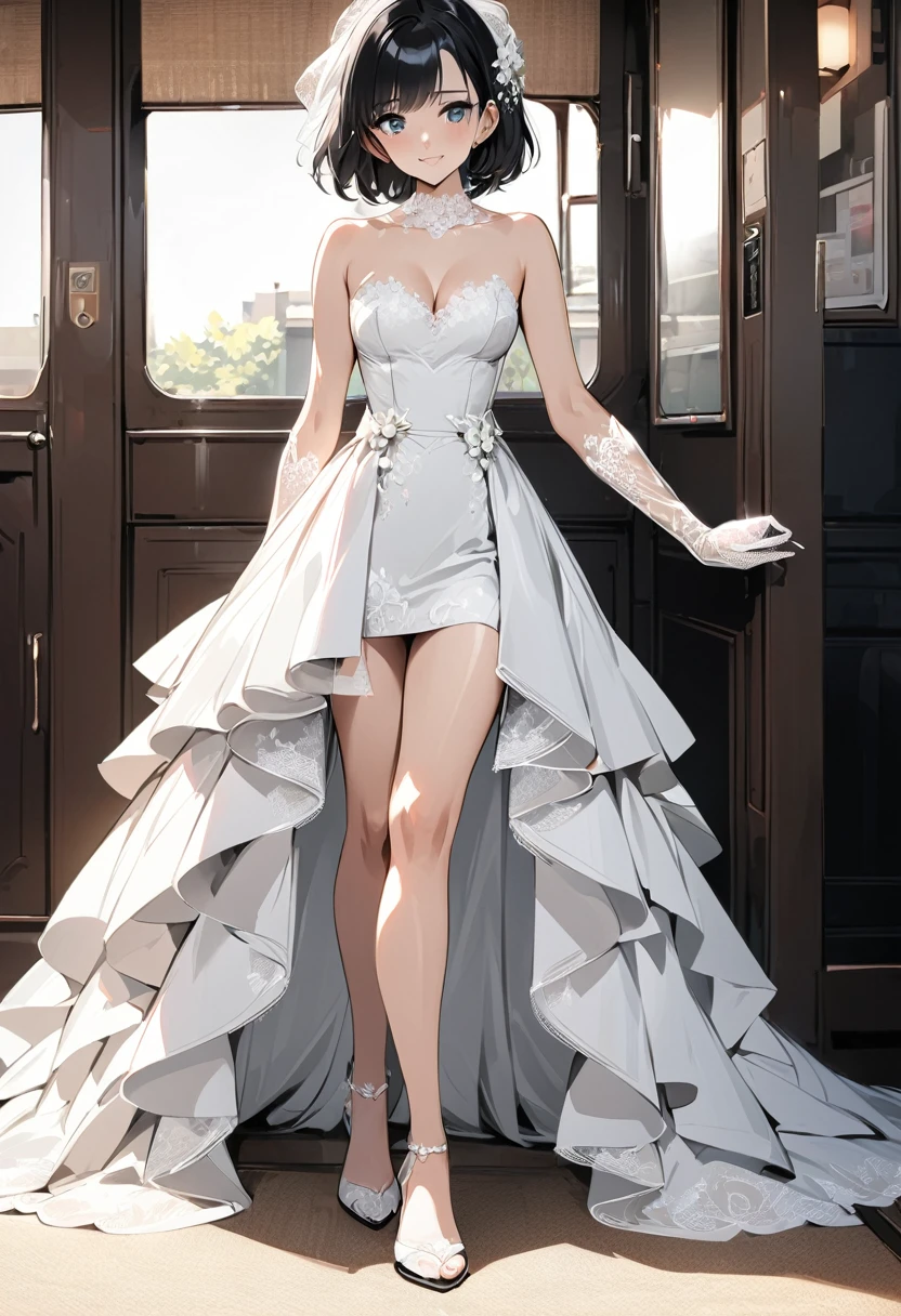 ((Top quality, masterpiece, freak, super resolution)), 1 girl, Japanese model,16 years old,Smooth black hair,Short bomb hair,((Long transparent lace gloves)),An elegant high-low wedding gown with a strapless sweetheart neckline, featuring a fitted bodice embellished with detailed lace appliqués and subtle beadwork. The bodice is adorned with floral patterns, providing a delicate and romantic look. The skirt is crafted from layers of tulle in a high-low design, which adds volume and movement to the dress. The front of the skirt is designed to show off the bride's legs, while the back extends into a beautiful train. A ribbon sash at the waist highlights the bride's silhouette, making this dress ideal for a bride who desires a mix of traditional elegance and modern flair.
