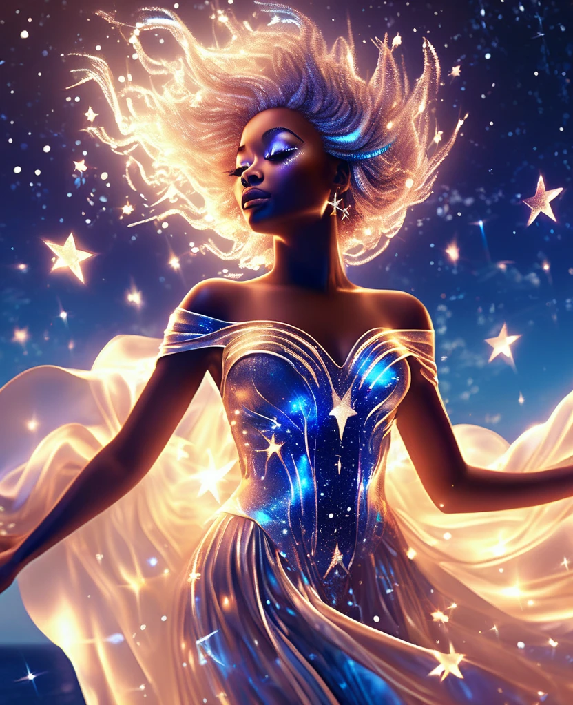 Uma mulher negra luminosa formada inteiramente de radiante, Estrelas cintilantes, suspenso na expansão celestial, envolto em um fluxo, vestido etéreo que ondula com vida própria. Sua transparente, corpo estrelado brilha com uma luz sobrenatural, como se ela fosse uma pessoa viva, galáxia que respira. O céu noturno ao seu redor está iluminado com cores vibrantes, dançando aurora boreal, que reflete perfeitamente na calma, oceano iluminado pela lua abaixo. Crie um deslumbrante, 32 mil, ultra HD, imagem hiper-realista que captura a magia desta cena encantadora, com cada estrela e brilho brilhando.