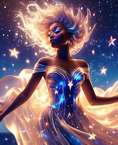 A luminous black woman formed entirely of radiant, twinkling stars, suspended in the celestial expanse, draped in a flowing, eth...