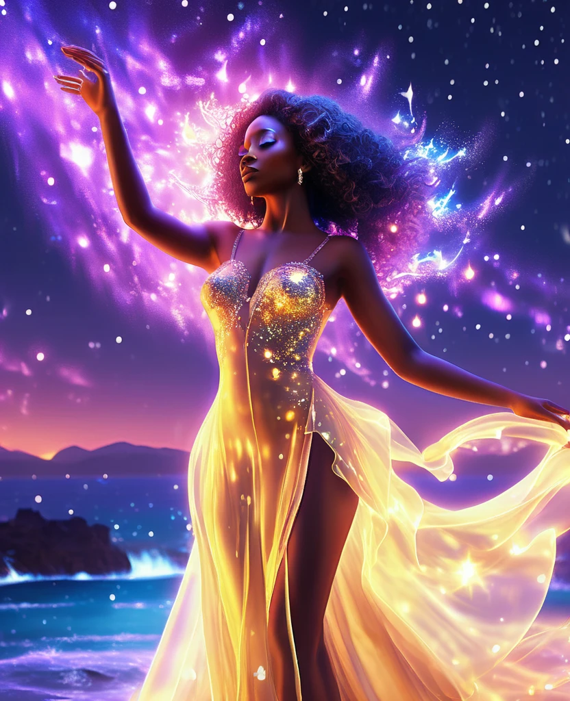 A luminous black woman formed entirely of radiant, twinkling stars, suspended in the celestial expanse, draped in a flowing, ethereal gown that undulates with a life of its own. Her transparent, starry body glimmers with an otherworldly light, as if she is a living, breathing galaxy. The night sky surrounding her is set aglow with vibrant, dancing aurora borealis, which reflects perfectly on the calm, moonlit ocean below. Create a stunning, 32k, ultra HD, hyper-realistic image that captures the magic of this enchanting scene, with every star and sparkle shining bright.