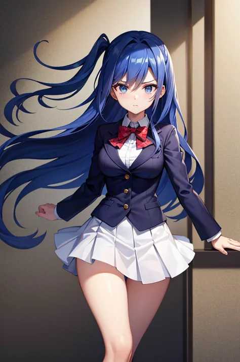 highest quality, masterpiece, the wind whistles　wing, big breasts, uniform, blazer, blue hair,