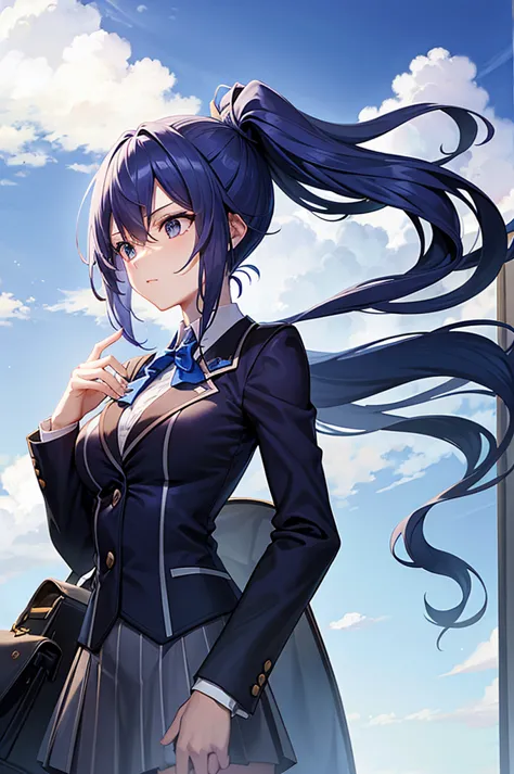 highest quality, masterpiece, the wind whistles　wing, big breasts, uniform, blazer, blue hair,