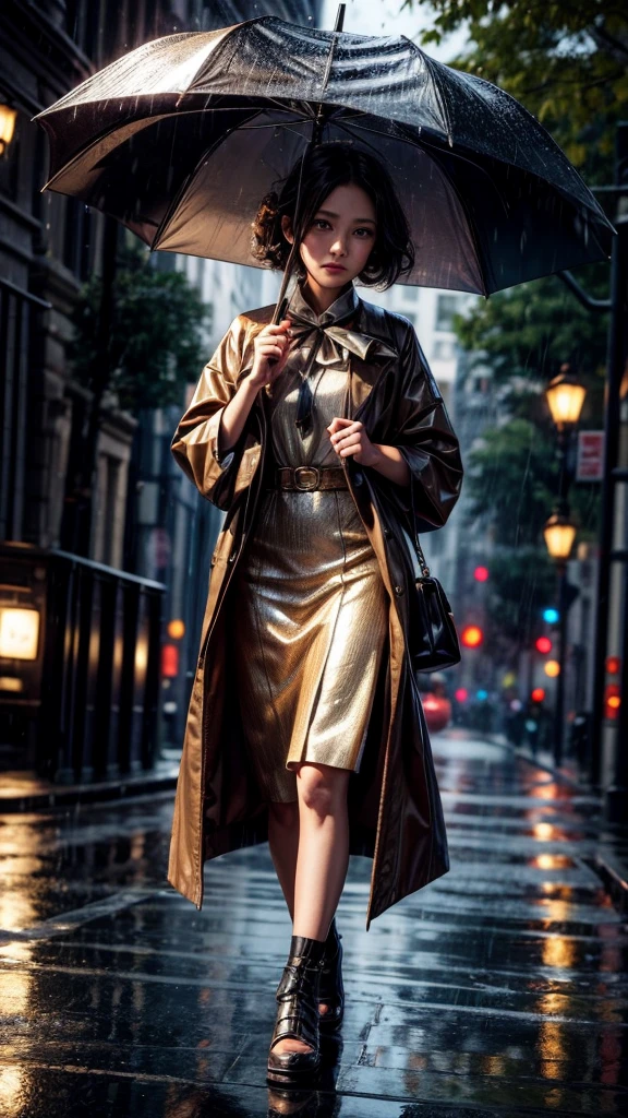 a girl holding an umbrella walking home in the rain, puddles, frogs and snails, detailed portrait, intricate clothing folds, glowing soft lighting, warm autumn colors, cinematic composition, digital painting, highly detailed, masterpiece