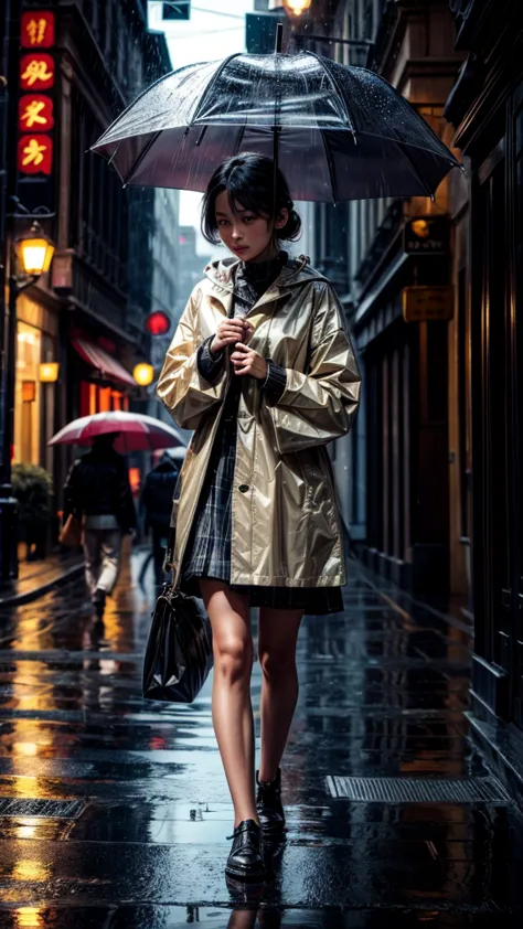 a girl holding an umbrella walking home in the rain, puddles, frogs and snails, detailed portrait, intricate clothing folds, glo...