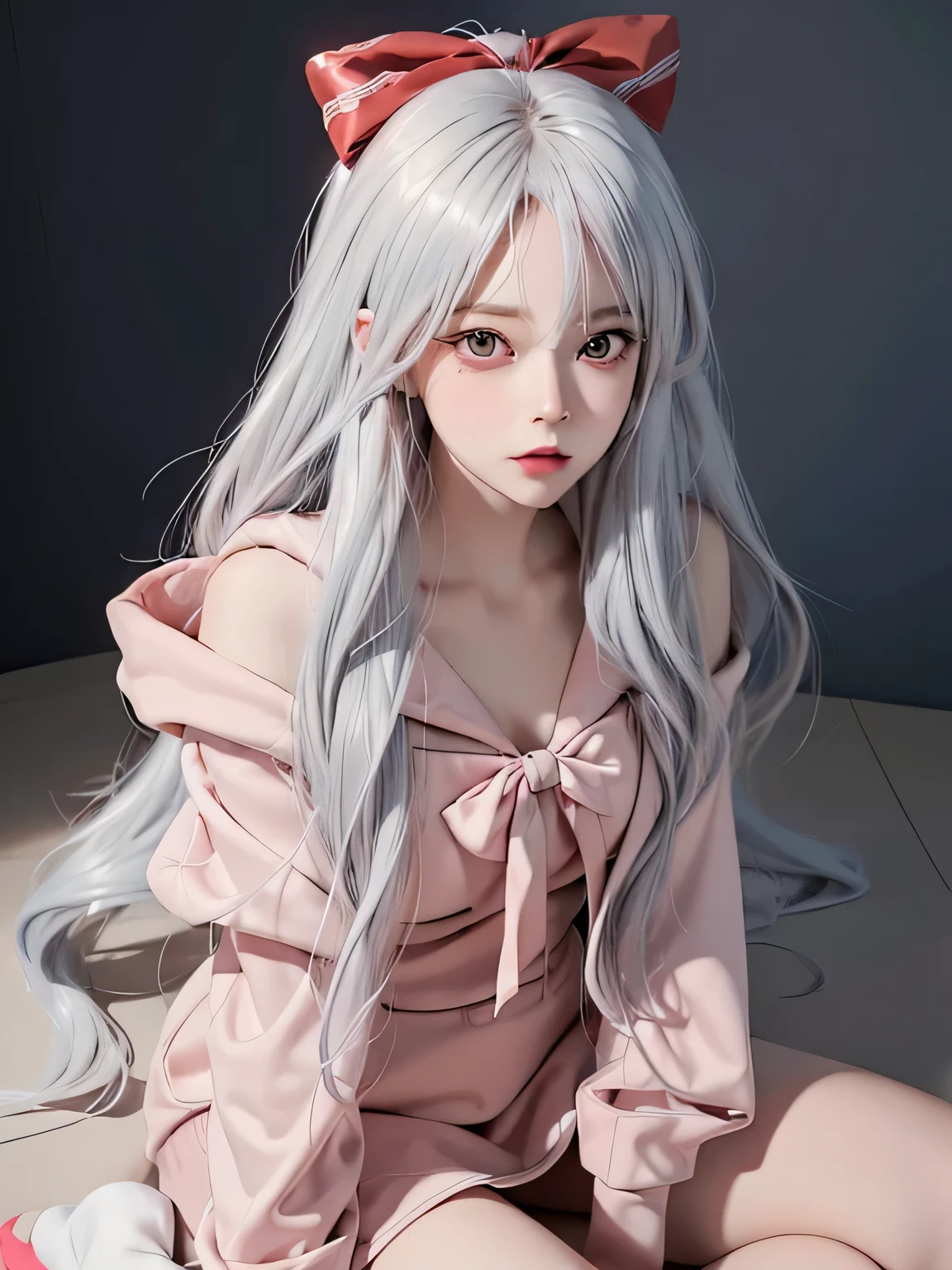 (masterpiece:1.1), (details:1.1), ((1girl)), (8k), medium breasts, long silver hair anime girl, perfect platinum hair girl, sexy anime girl, she platinum haired girl, beautiful anime girl, photorealistic anime, realistic young anime girl, surreal anime, realistic 3 d anime style, attractive anime girl, smooth anime cg art, anime girl, beautiful anime woman, silver hair, (brown eyes), (red bow), (cute face) ), pink cheeks, (detailed face), (detailed eyes), (looks like sinestrea Arena of valor), (sinestrea from Arena of valor), (beautiful face), full body shot, white skin, (left eye blue), (right eye brown), (oversized hoodie), oversized_hoodie_e, (Short skirt), sitting on the ground, (red bow)