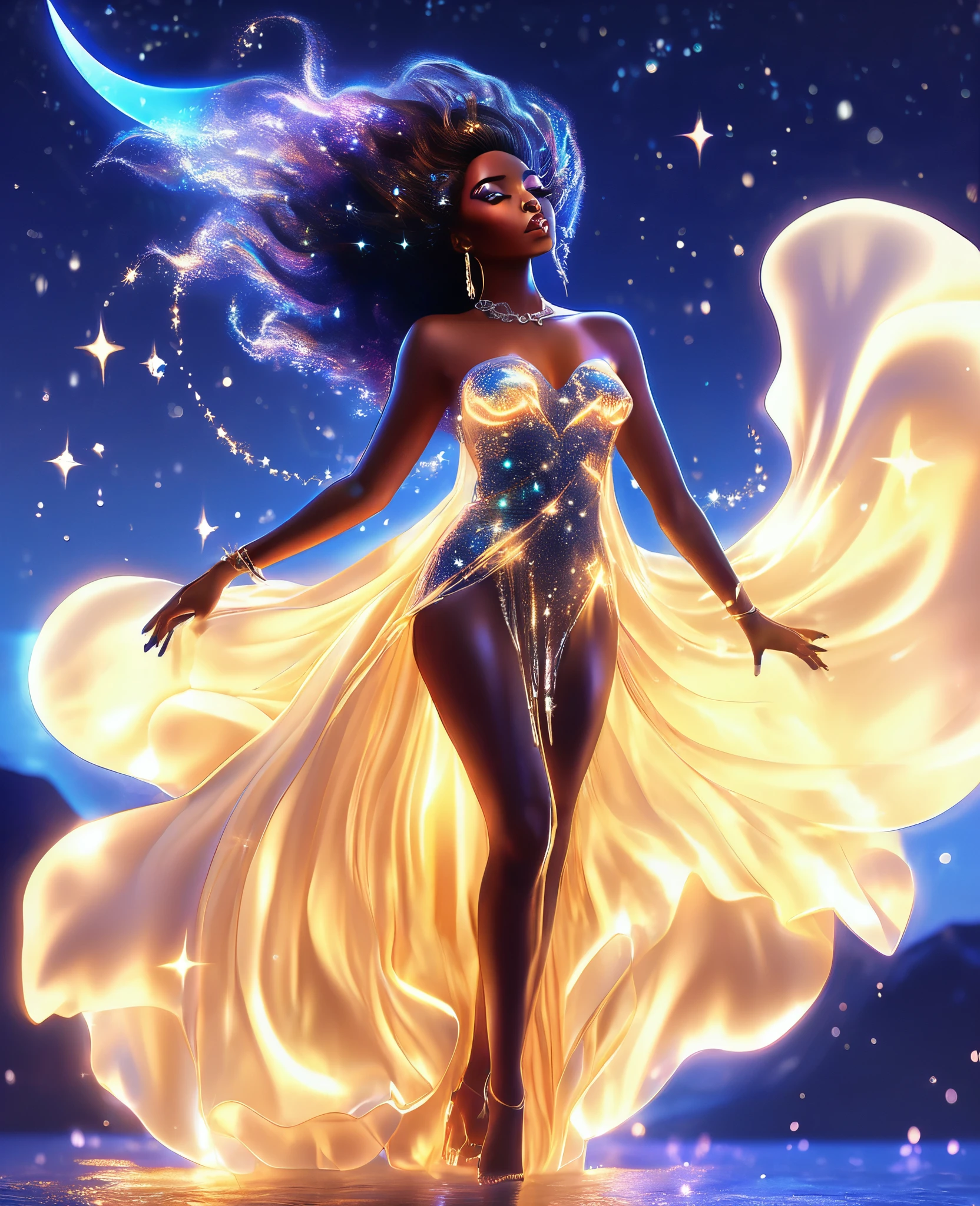 A luminous black woman formed entirely of radiant, twinkling stars, suspended in the celestial expanse, draped in a flowing, ethereal gown that undulates with a life of its own. Her transparent, starry body glimmers with an otherworldly light, as if she is a living, breathing galaxy. The night sky surrounding her is set aglow with vibrant, dancing aurora borealis, which reflects perfectly on the calm, moonlit ocean below. Create a stunning, 32k, ultra HD, hyper-realistic image that captures the magic of this enchanting scene, with every star and sparkle shining bright.